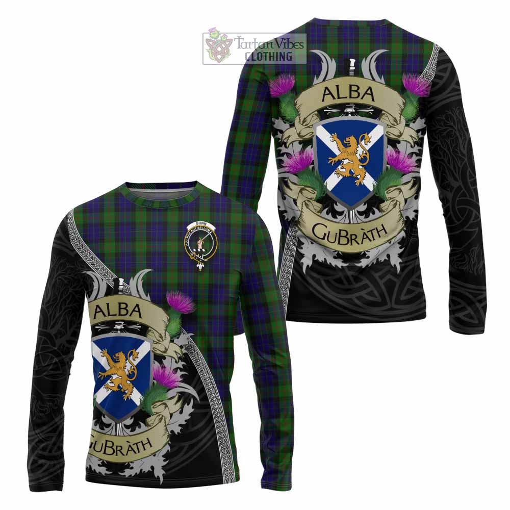 Tartan Vibes Clothing Gunn Tartan Family Crest Long Sleeve T-Shirt Lion Rampant Royal Thistle Shield Celtic Inspired