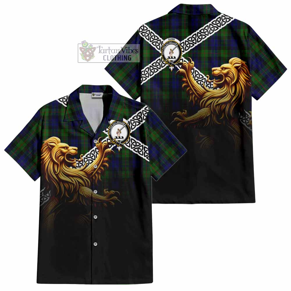 Tartan Vibes Clothing Gunn Crest Tartan Short Sleeve Button Shirt with Golden Lion Emblem Celtic Style