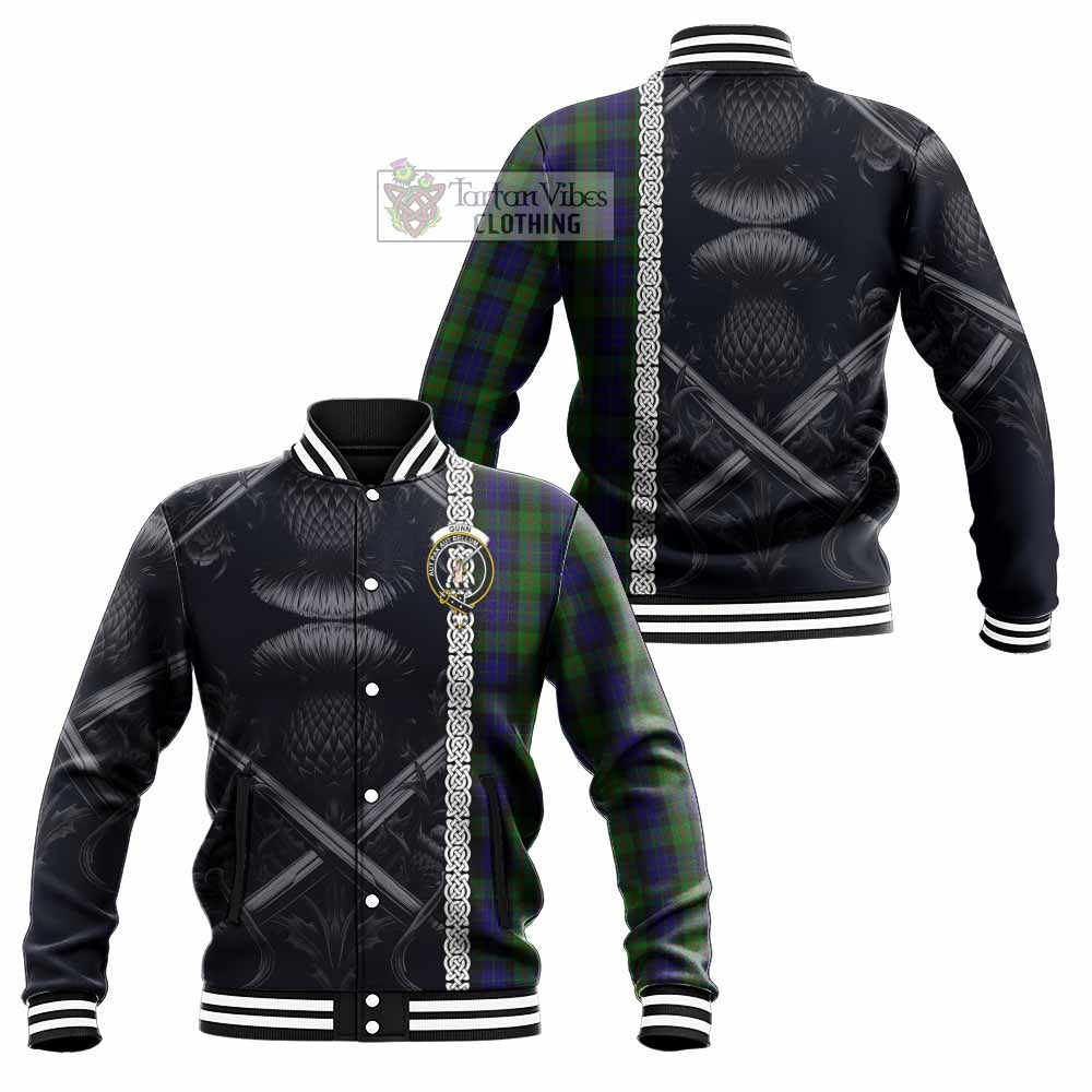 Tartan Vibes Clothing Gunn Tartan Baseball Jacket with Family Crest Cross Sword Thistle Celtic Vibes