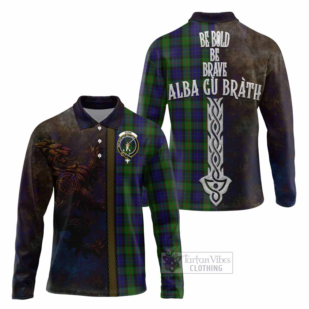 Tartan Vibes Clothing Gunn Tartan Family Crest Long Sleeve Polo Shirt Alba Gu Brath Be Brave Lion Ancient Style