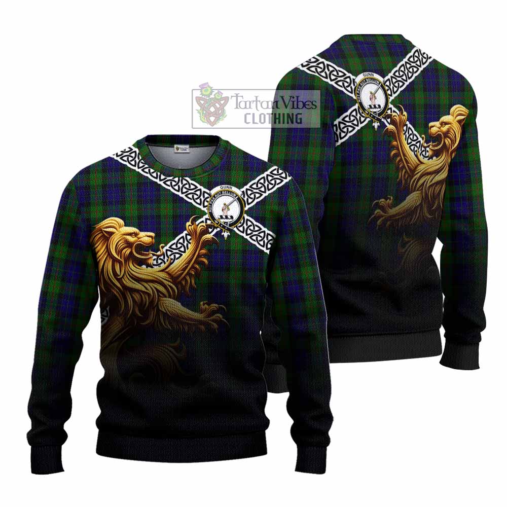 Tartan Vibes Clothing Gunn Crest Tartan Knitted Sweater with Golden Lion Emblem Celtic Style