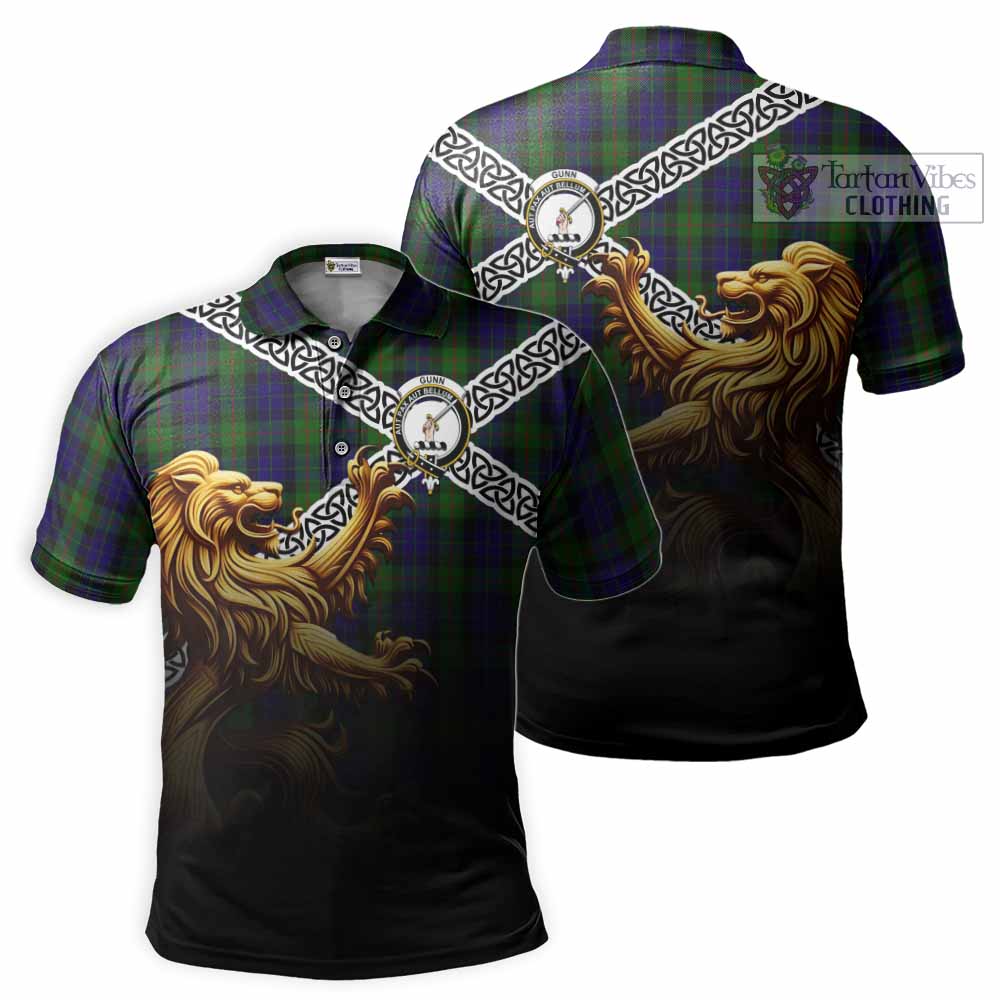 Tartan Vibes Clothing Gunn Crest Tartan Polo Shirt with Golden Lion Emblem Celtic Style
