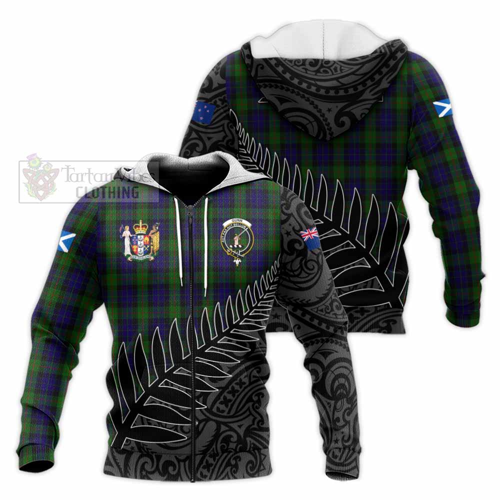 Tartan Vibes Clothing Gunn Crest Tartan Knitted Hoodie with New Zealand Silver Fern Half Style