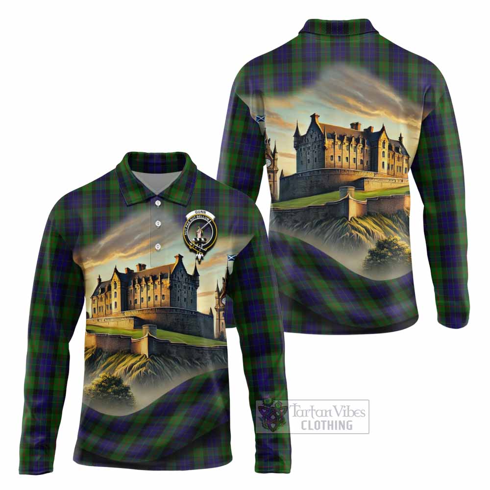 Tartan Vibes Clothing Gunn Tartan Family Crest Long Sleeve Polo Shirt with Scottish Ancient Castle Style
