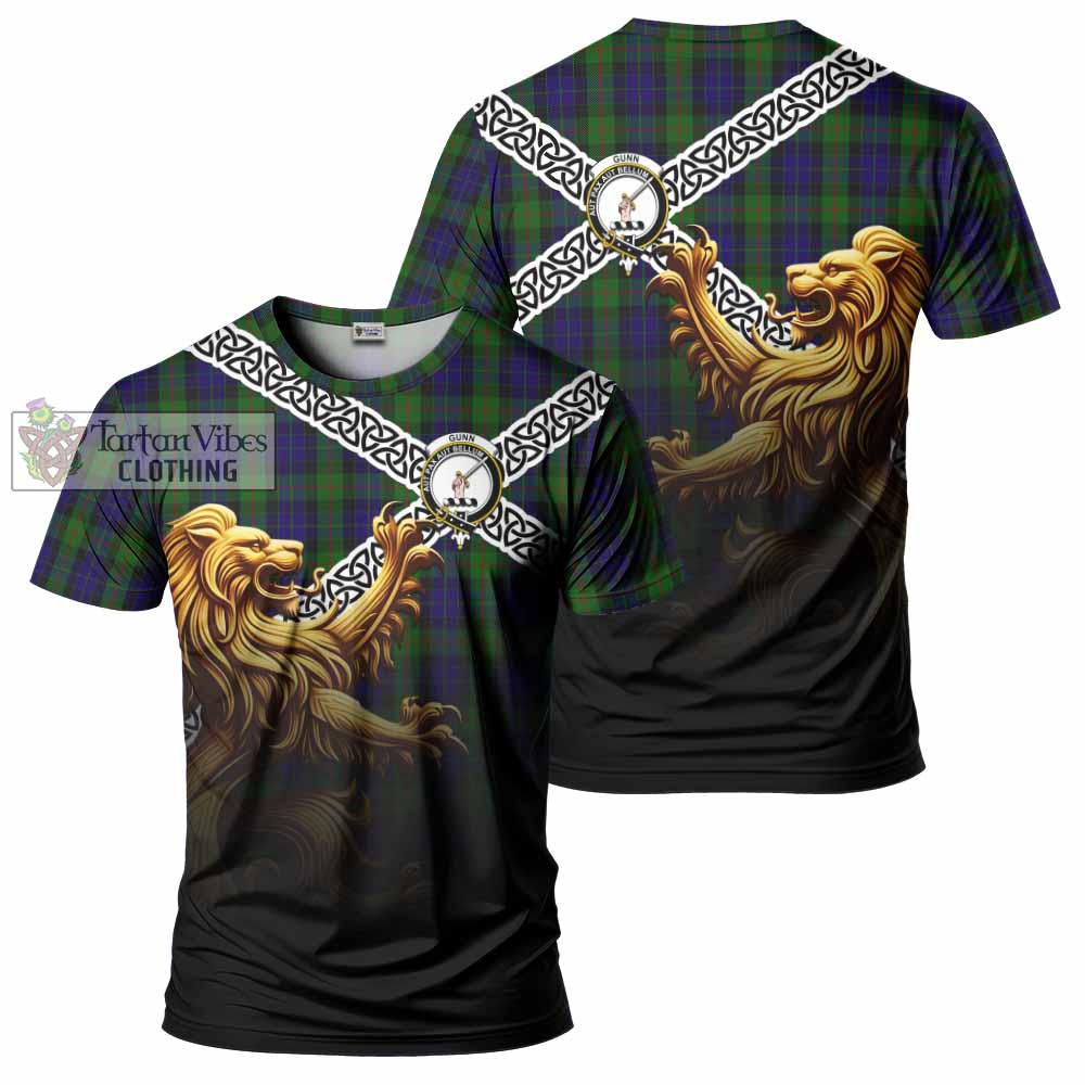 Tartan Vibes Clothing Gunn Crest Tartan T-Shirt with Golden Lion Emblem Celtic Style