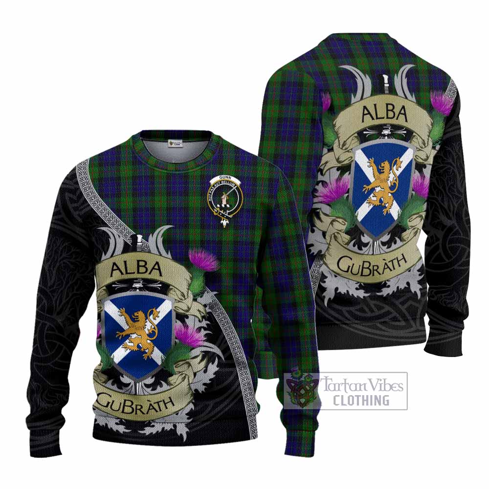 Tartan Vibes Clothing Gunn Tartan Family Crest Knitted Sweater Lion Rampant Royal Thistle Shield Celtic Inspired