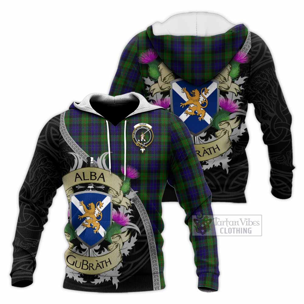 Tartan Vibes Clothing Gunn Tartan Family Crest Knitted Hoodie Lion Rampant Royal Thistle Shield Celtic Inspired