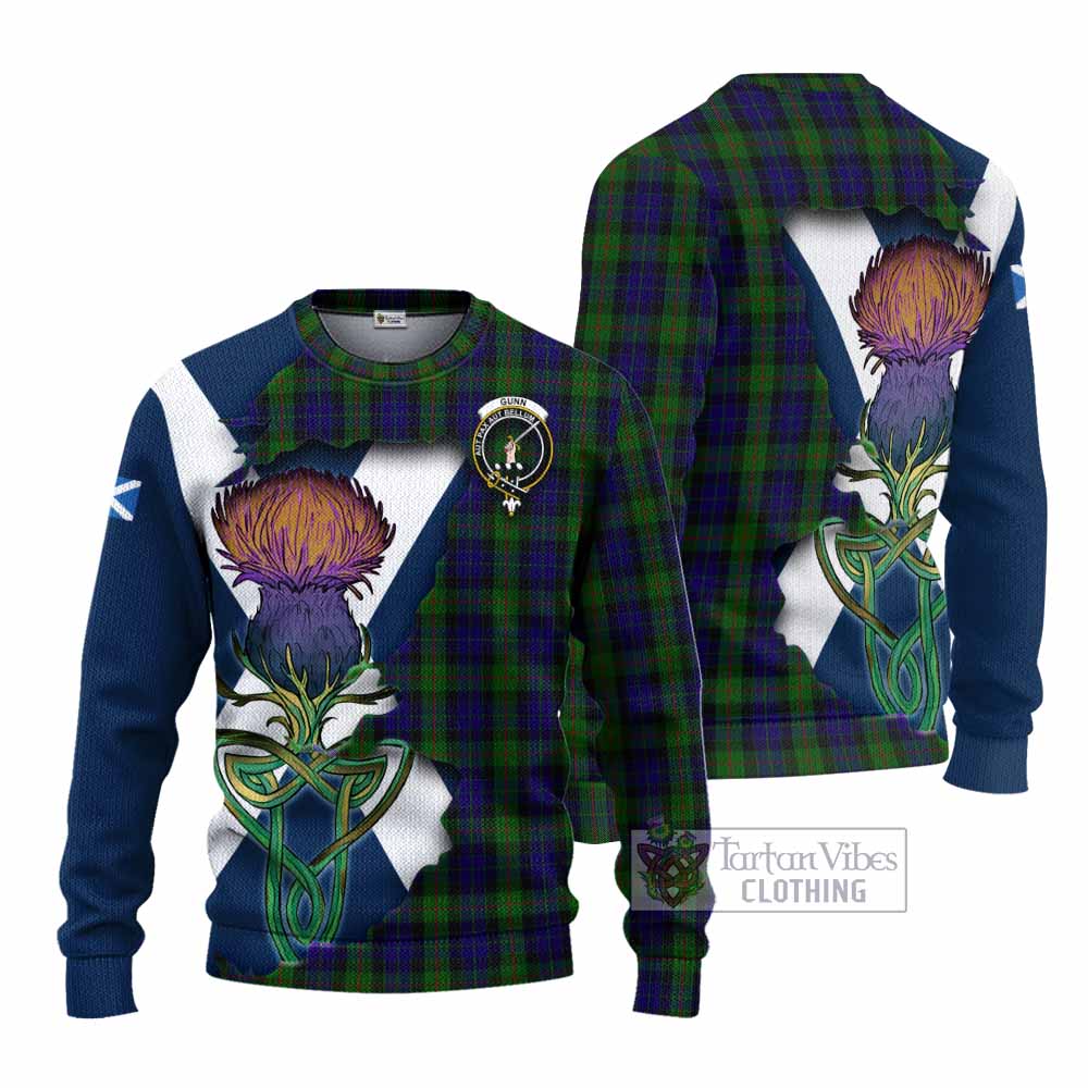 Tartan Vibes Clothing Gunn Tartan Family Crest Knitted Sweater Scottish Thistle Celtic Inspired