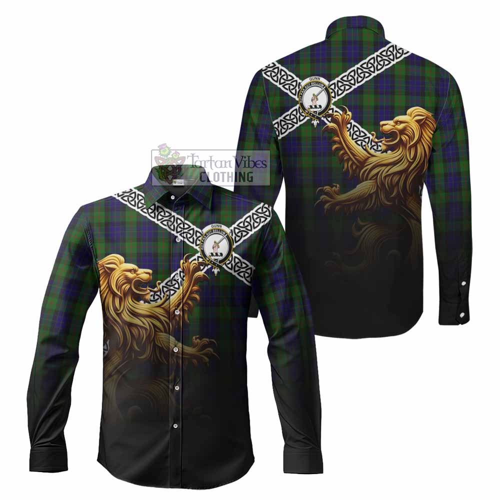 Tartan Vibes Clothing Gunn Crest Tartan Long Sleeve Button Shirt with Golden Lion Emblem Celtic Style