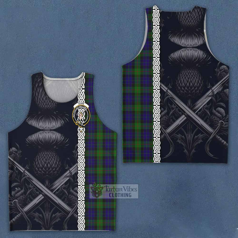 Tartan Vibes Clothing Gunn Tartan Men's Tank Top with Family Crest Cross Sword Thistle Celtic Vibes
