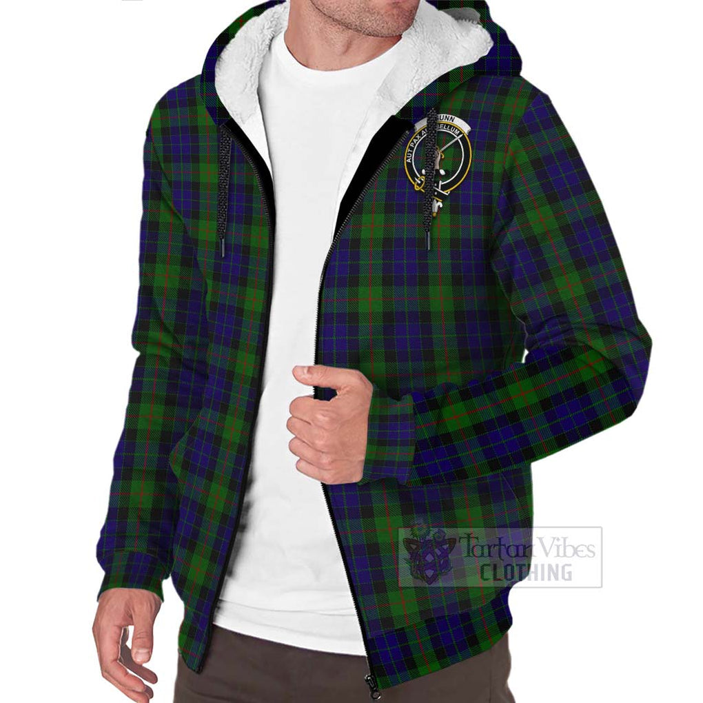 Tartan Vibes Clothing Gunn Tartan Sherpa Hoodie with Family Crest and Bearded Skull Holding Bottles of Whiskey