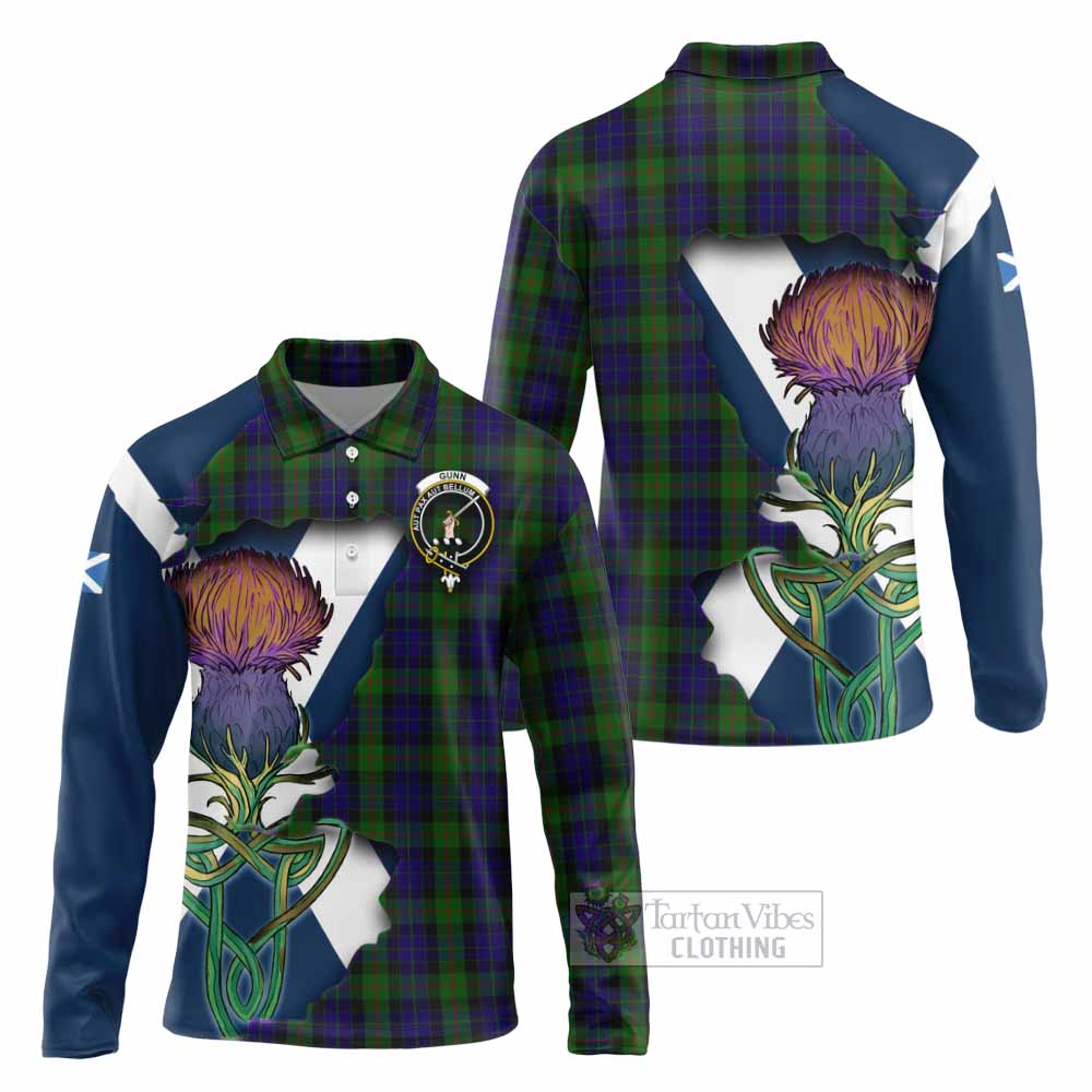 Tartan Vibes Clothing Gunn Tartan Family Crest Long Sleeve Polo Shirt Scottish Thistle Celtic Inspired