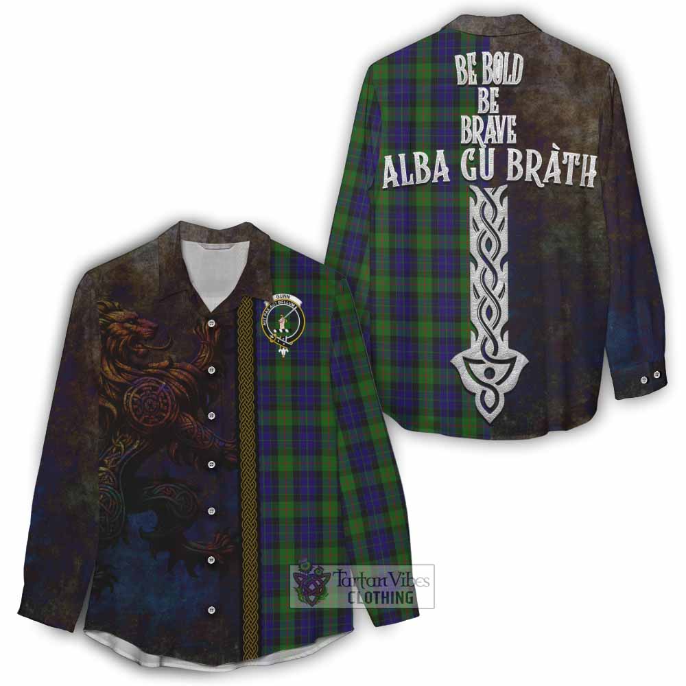 Tartan Vibes Clothing Gunn Tartan Family Crest Women's Casual Shirt Alba Gu Brath Be Brave Lion Ancient Style
