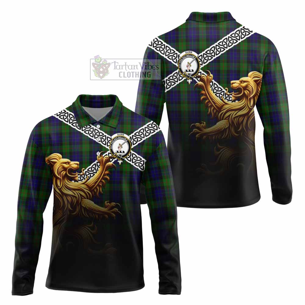 Tartan Vibes Clothing Gunn Crest Tartan Long Sleeve Polo Shirt with Golden Lion Emblem Celtic Style