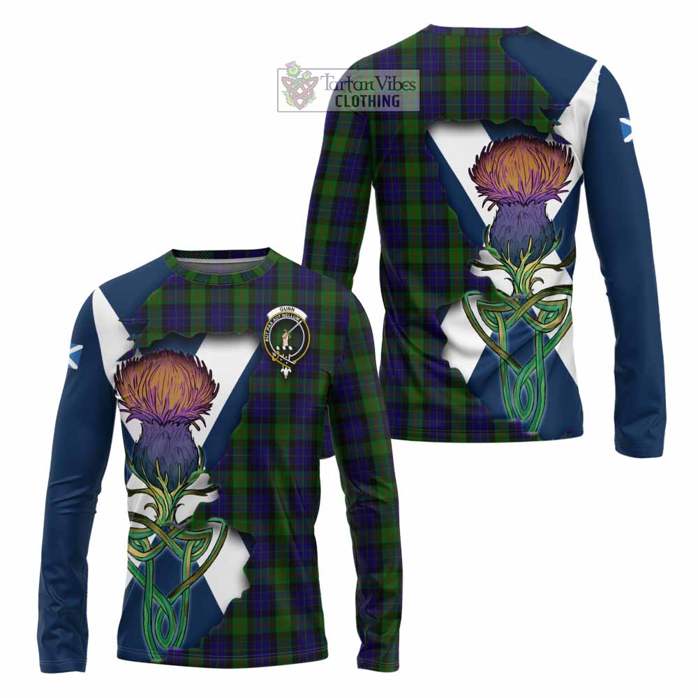 Tartan Vibes Clothing Gunn Tartan Family Crest Long Sleeve T-Shirt Scottish Thistle Celtic Inspired