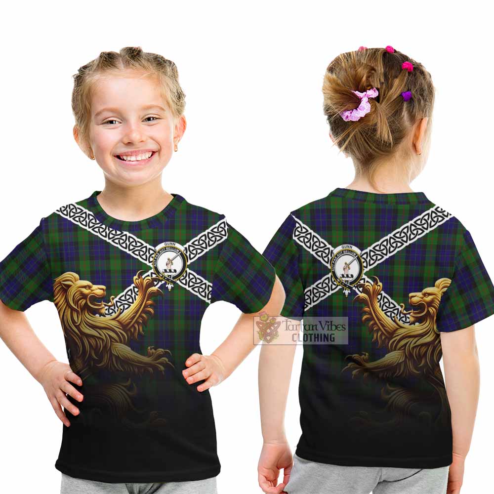 Tartan Vibes Clothing Gunn Crest Tartan Kid T-Shirt with Golden Lion Emblem Celtic Style