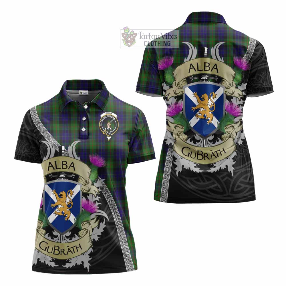Tartan Vibes Clothing Gunn Tartan Family Crest Women's Polo Shirt Lion Rampant Royal Thistle Shield Celtic Inspired