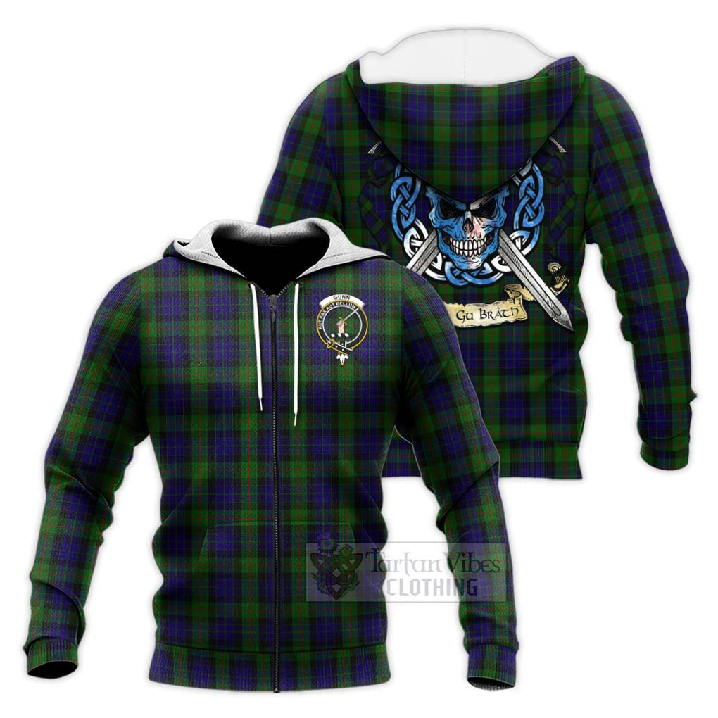 Tartan Vibes Clothing Gunn Tartan Knitted Hoodie with Family Crest Celtic Skull Style