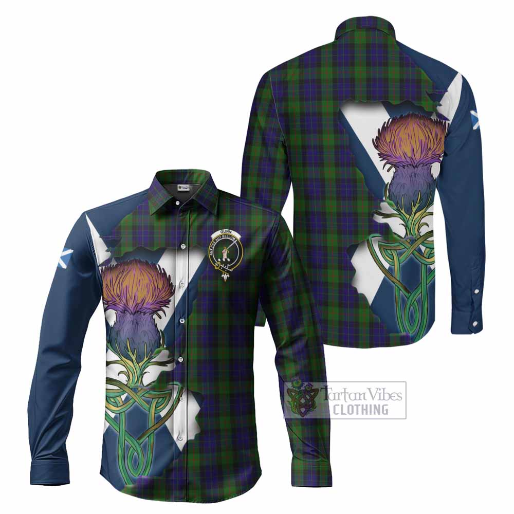 Tartan Vibes Clothing Gunn Tartan Family Crest Long Sleeve Button Shirt Scottish Thistle Celtic Inspired
