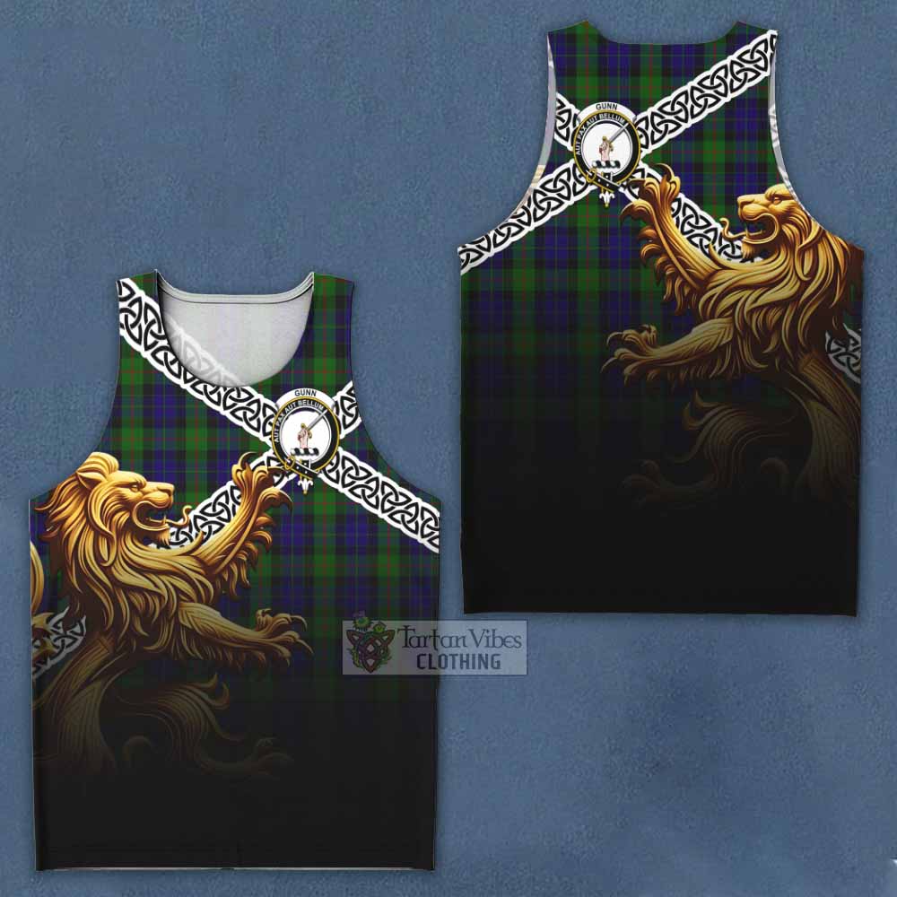 Tartan Vibes Clothing Gunn Crest Tartan Men's Tank Top with Golden Lion Emblem Celtic Style