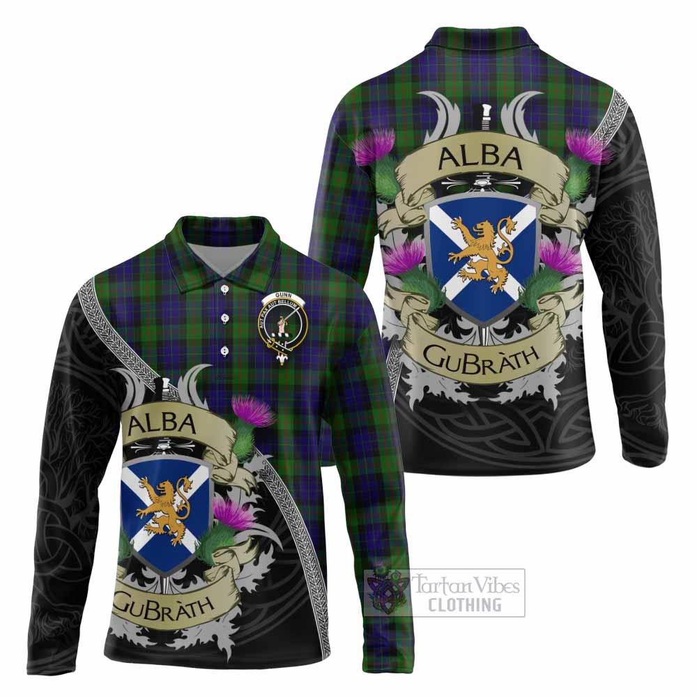 Tartan Vibes Clothing Gunn Tartan Family Crest Long Sleeve Polo Shirt Lion Rampant Royal Thistle Shield Celtic Inspired