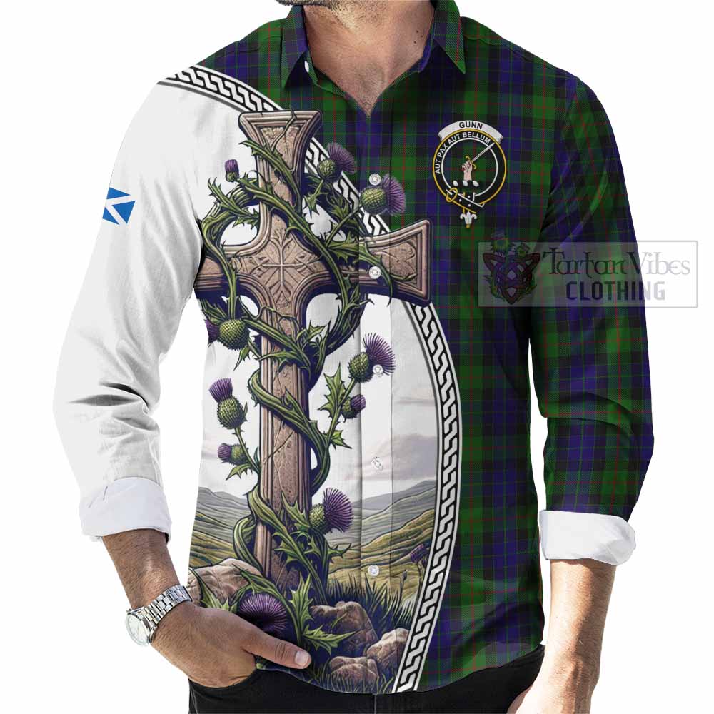 Tartan Vibes Clothing Gunn Tartan Long Sleeve Button Shirt with Family Crest and St. Andrew's Cross Accented by Thistle Vines