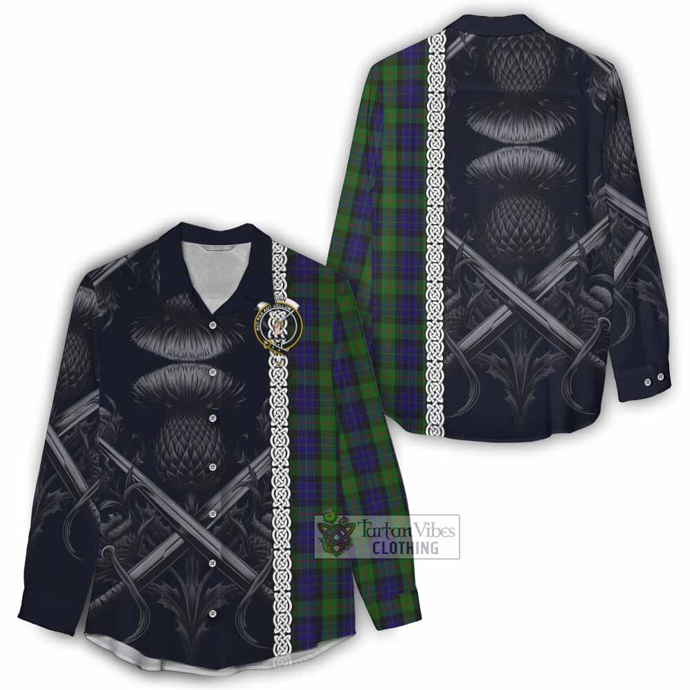 Tartan Vibes Clothing Gunn Tartan Women's Casual Shirt with Family Crest Cross Sword Thistle Celtic Vibes