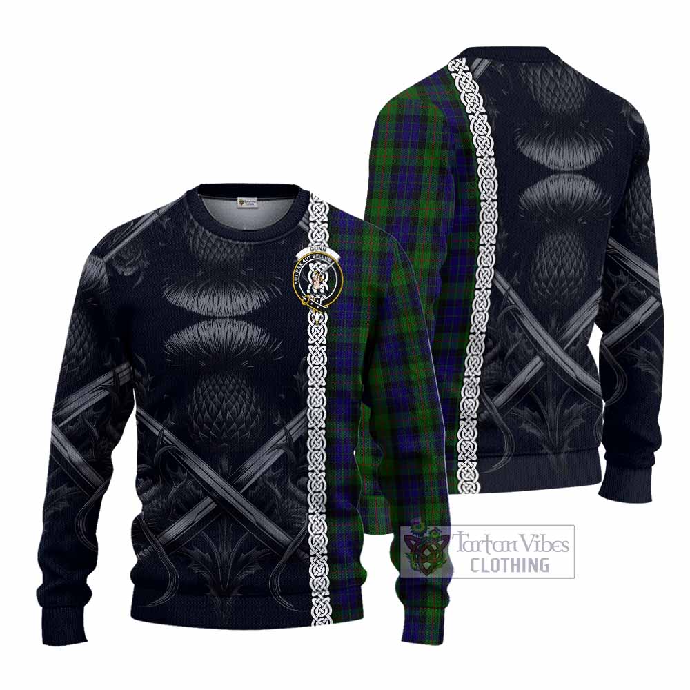 Tartan Vibes Clothing Gunn Tartan Knitted Sweater with Family Crest Cross Sword Thistle Celtic Vibes