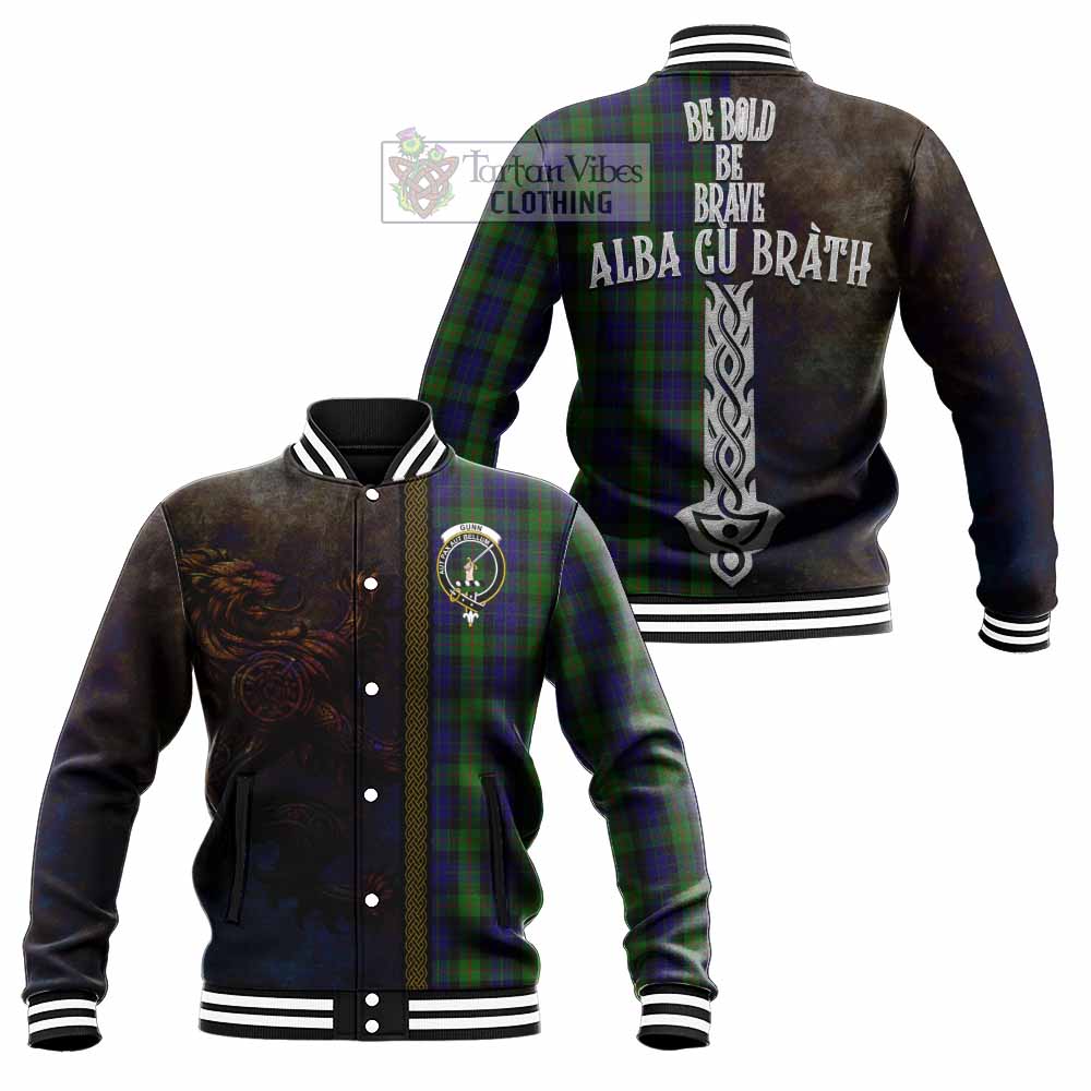 Tartan Vibes Clothing Gunn Tartan Family Crest Baseball Jacket Alba Gu Brath Be Brave Lion Ancient Style
