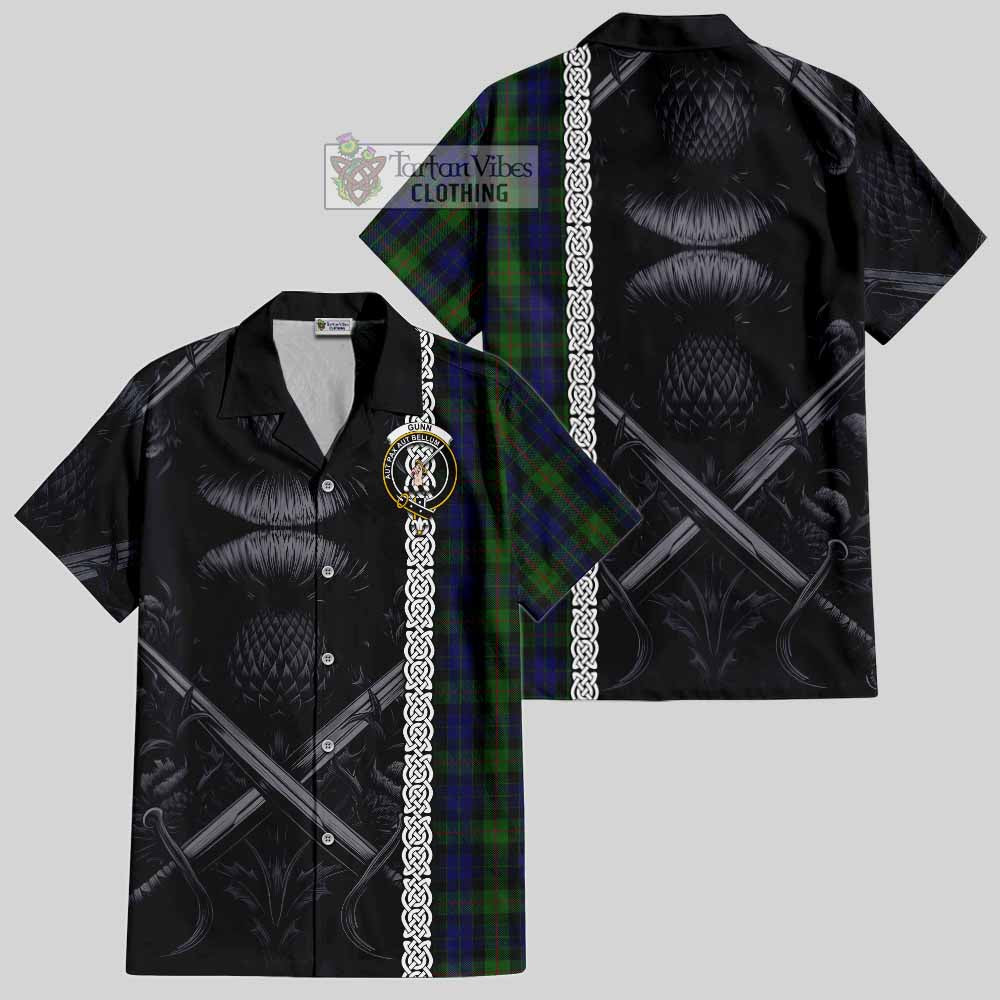 Tartan Vibes Clothing Gunn Tartan Short Sleeve Button Shirt with Family Crest Cross Sword Thistle Celtic Vibes
