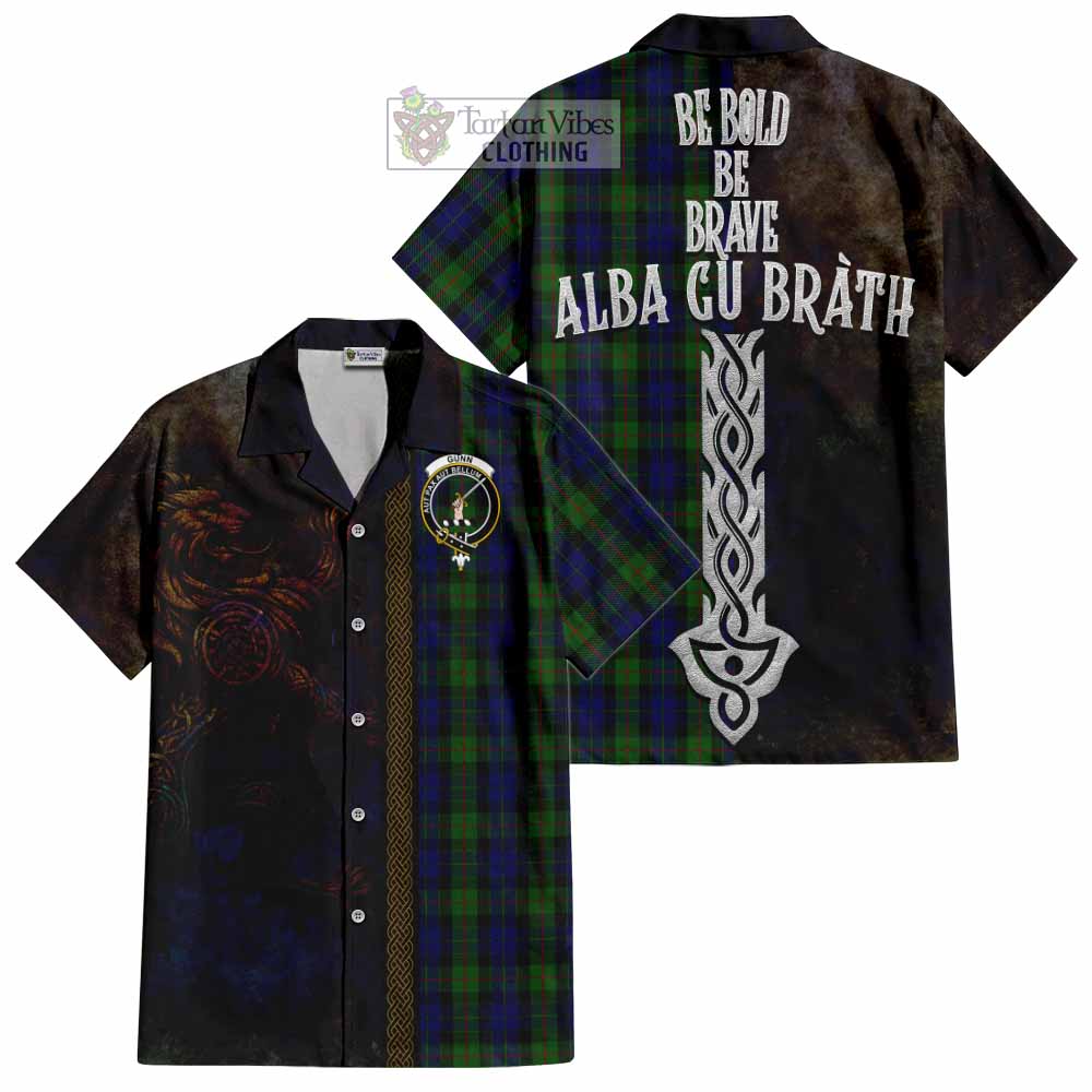 Tartan Vibes Clothing Gunn Tartan Family Crest Short Sleeve Button Shirt Alba Gu Brath Be Brave Lion Ancient Style