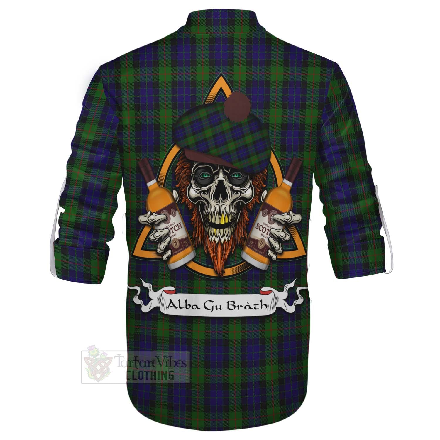 Tartan Vibes Clothing Gunn Tartan Ghillie Kilt Shirt with Family Crest and Bearded Skull Holding Bottles of Whiskey