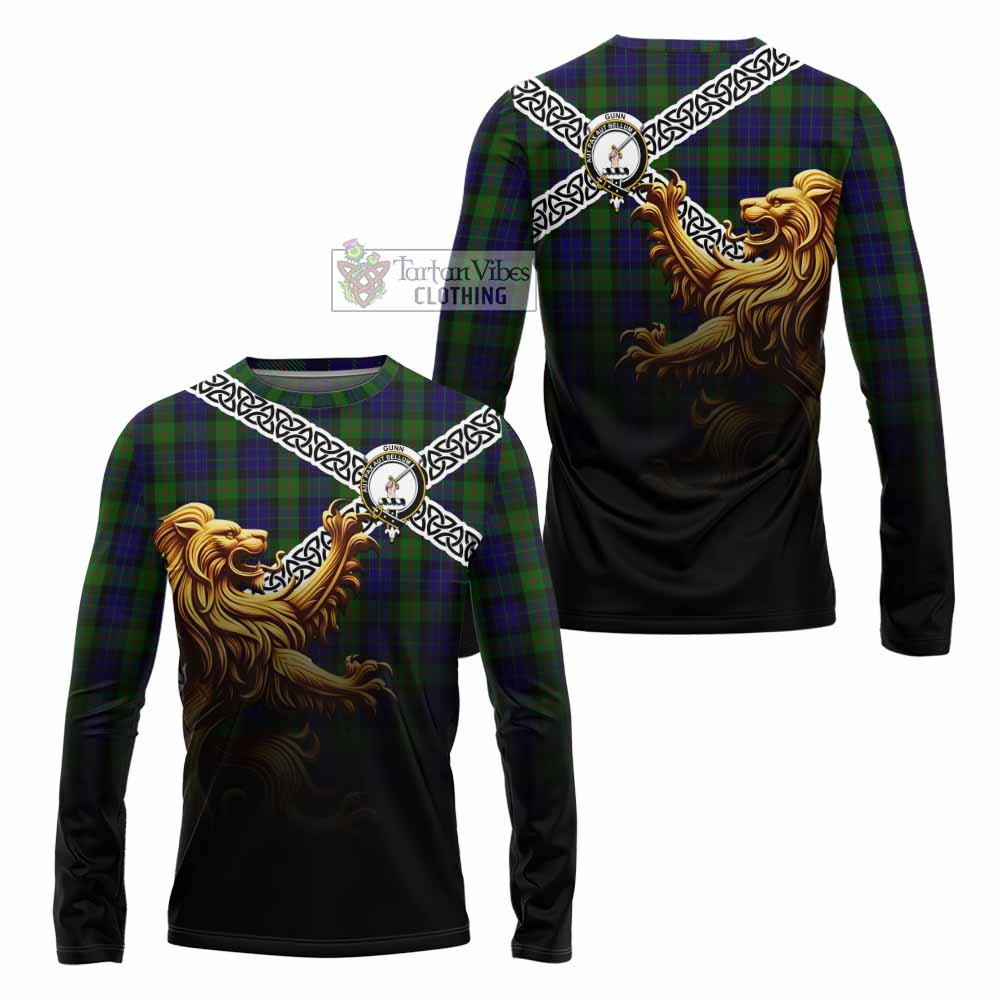 Tartan Vibes Clothing Gunn Crest Tartan Long Sleeve T-Shirt with Golden Lion Emblem Celtic Style