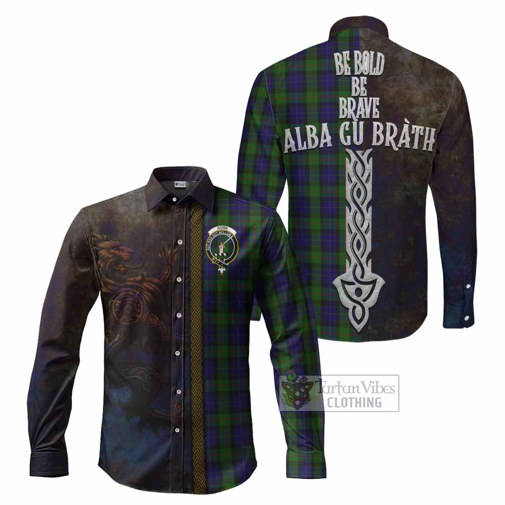 Tartan Vibes Clothing Gunn Tartan Family Crest Long Sleeve Button Shirt Alba Gu Brath Be Brave Lion Ancient Style