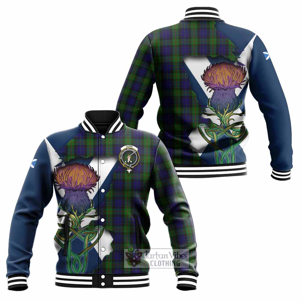Tartan Vibes Clothing Gunn Tartan Family Crest Baseball Jacket Scottish Thistle Celtic Inspired
