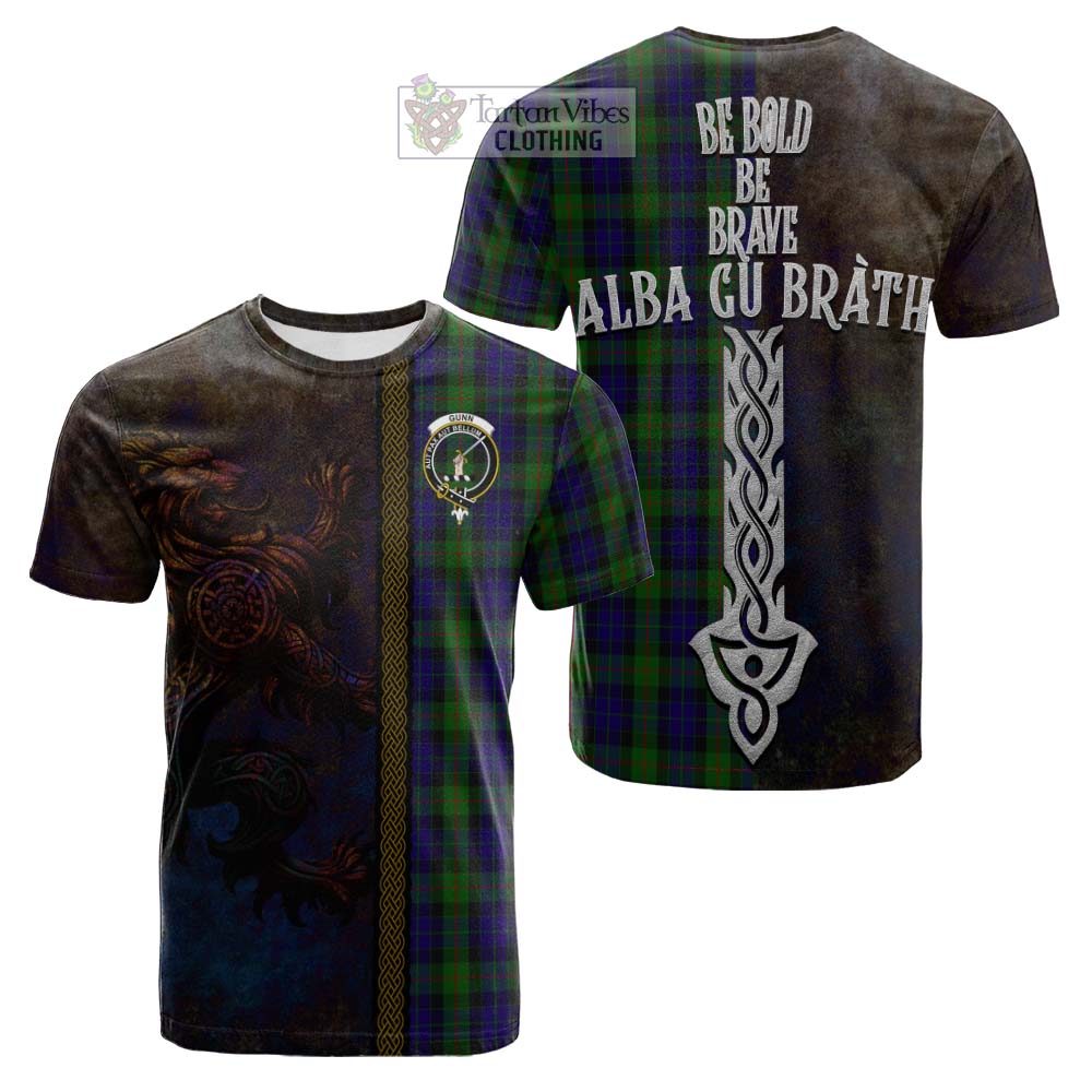 Tartan Vibes Clothing Gunn Tartan Family Crest Cotton T-shirt Alba Gu Brath Be Brave Lion Ancient Style