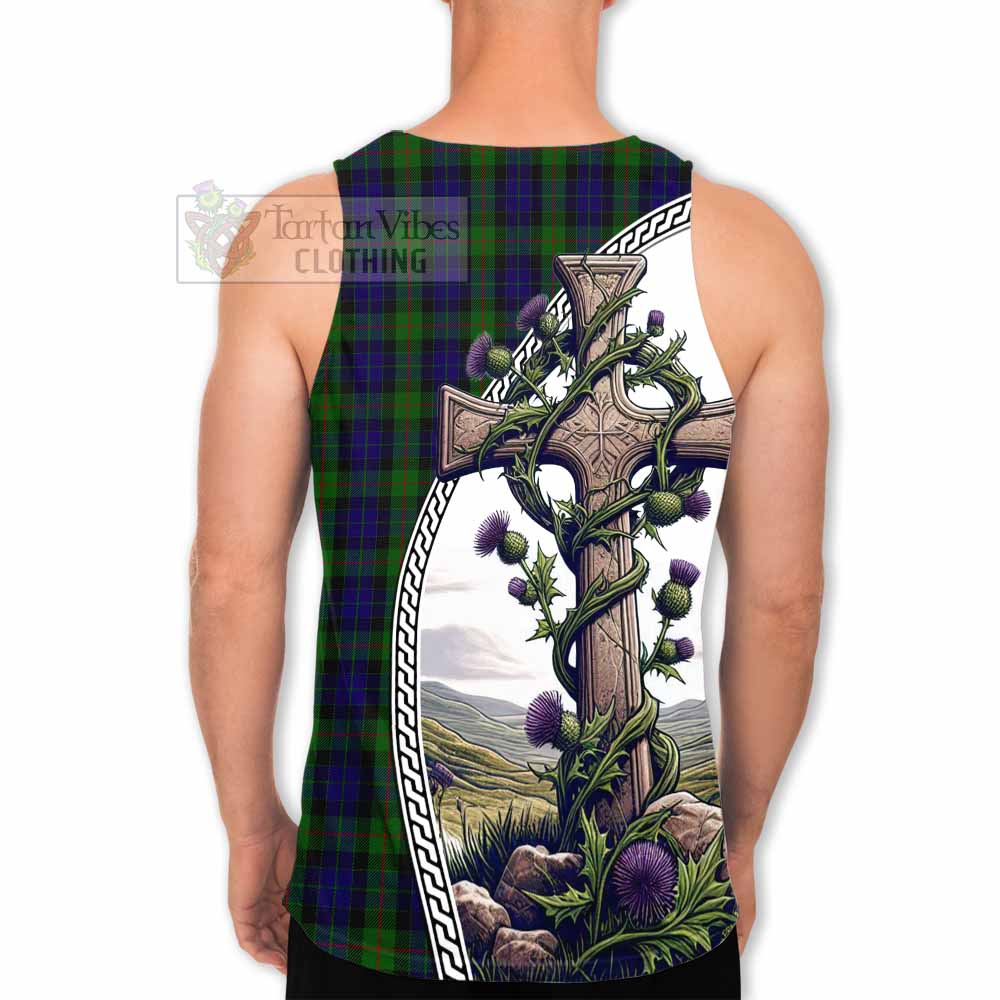 Tartan Vibes Clothing Gunn Tartan Men's Tank Top with Family Crest and St. Andrew's Cross Accented by Thistle Vines