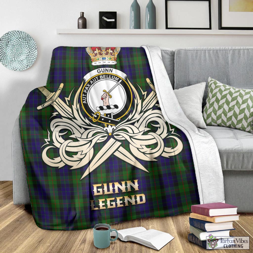 Tartan Vibes Clothing Gunn Tartan Blanket with Clan Crest and the Golden Sword of Courageous Legacy