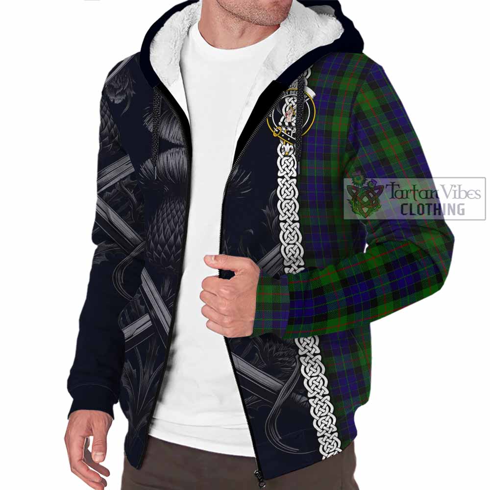 Tartan Vibes Clothing Gunn Tartan Sherpa Hoodie with Family Crest Cross Sword Thistle Celtic Vibes