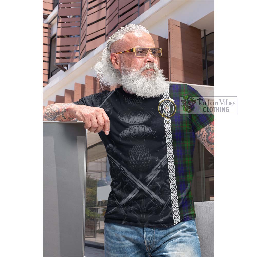 Tartan Vibes Clothing Gunn Tartan Cotton T-shirt with Family Crest Cross Sword Thistle Celtic Vibes