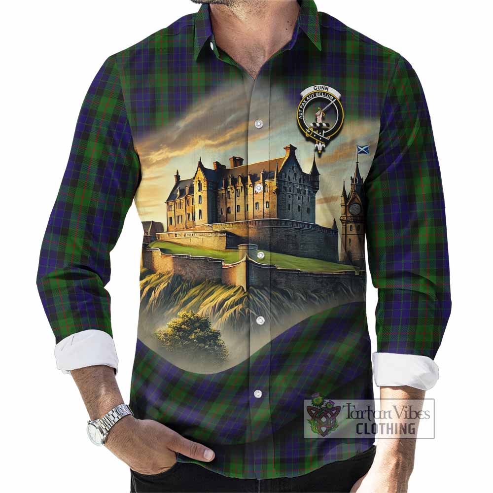 Tartan Vibes Clothing Gunn Tartan Family Crest Long Sleeve Button Shirt with Scottish Ancient Castle Style