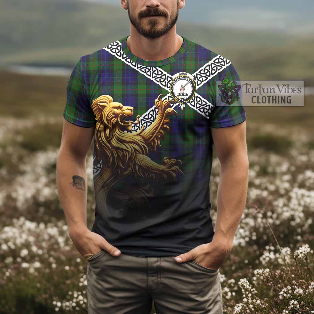 Tartan Vibes Clothing Gunn Crest Tartan T-Shirt with Golden Lion Emblem Celtic Style