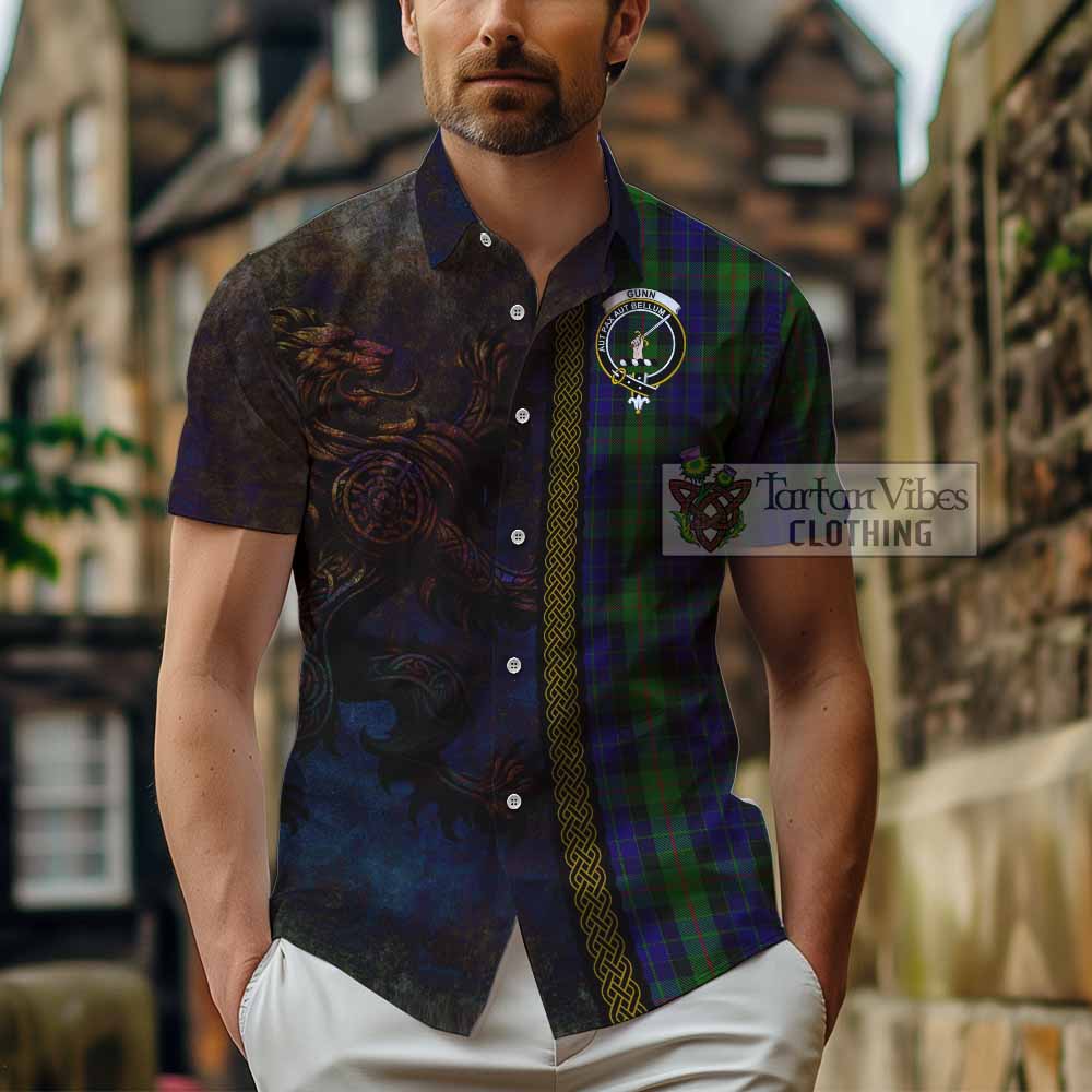 Tartan Vibes Clothing Gunn Tartan Family Crest Short Sleeve Button Shirt Alba Gu Brath Be Brave Lion Ancient Style