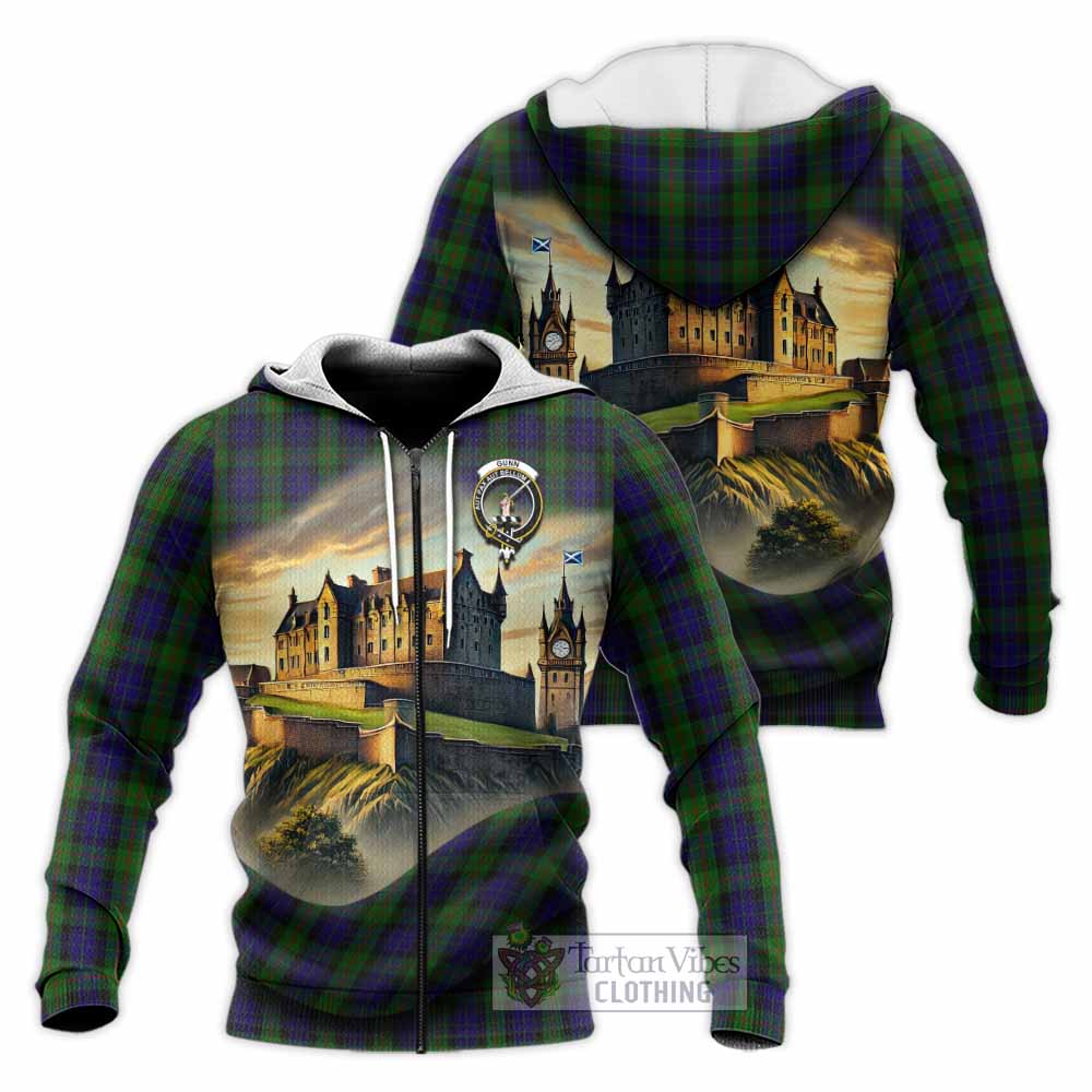 Tartan Vibes Clothing Gunn Tartan Family Crest Knitted Hoodie with Scottish Ancient Castle Style