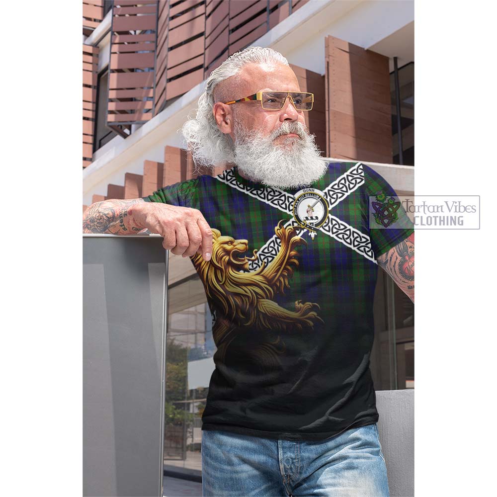 Tartan Vibes Clothing Gunn Crest Tartan Cotton T-shirt with Golden Lion Emblem Celtic Style