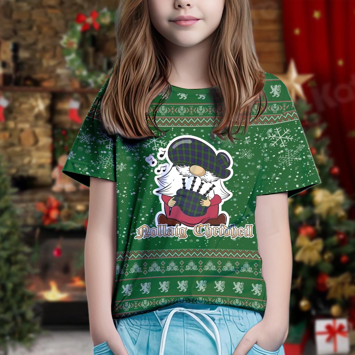 Gunn Clan Christmas Family T-Shirt with Funny Gnome Playing Bagpipes Kid's Shirt Green - Tartanvibesclothing