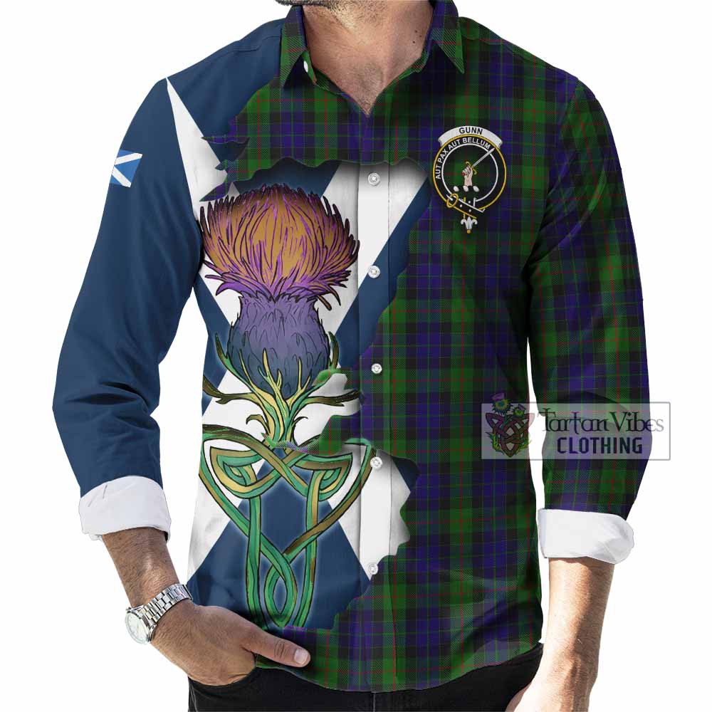 Tartan Vibes Clothing Gunn Tartan Family Crest Long Sleeve Button Shirt Scottish Thistle Celtic Inspired