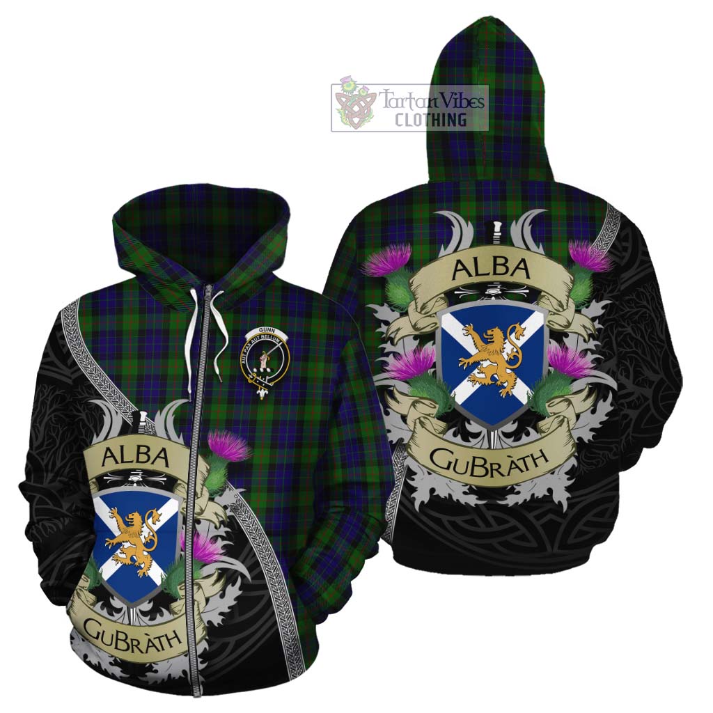 Tartan Vibes Clothing Gunn Tartan Family Crest Cotton Hoodie Lion Rampant Royal Thistle Shield Celtic Inspired