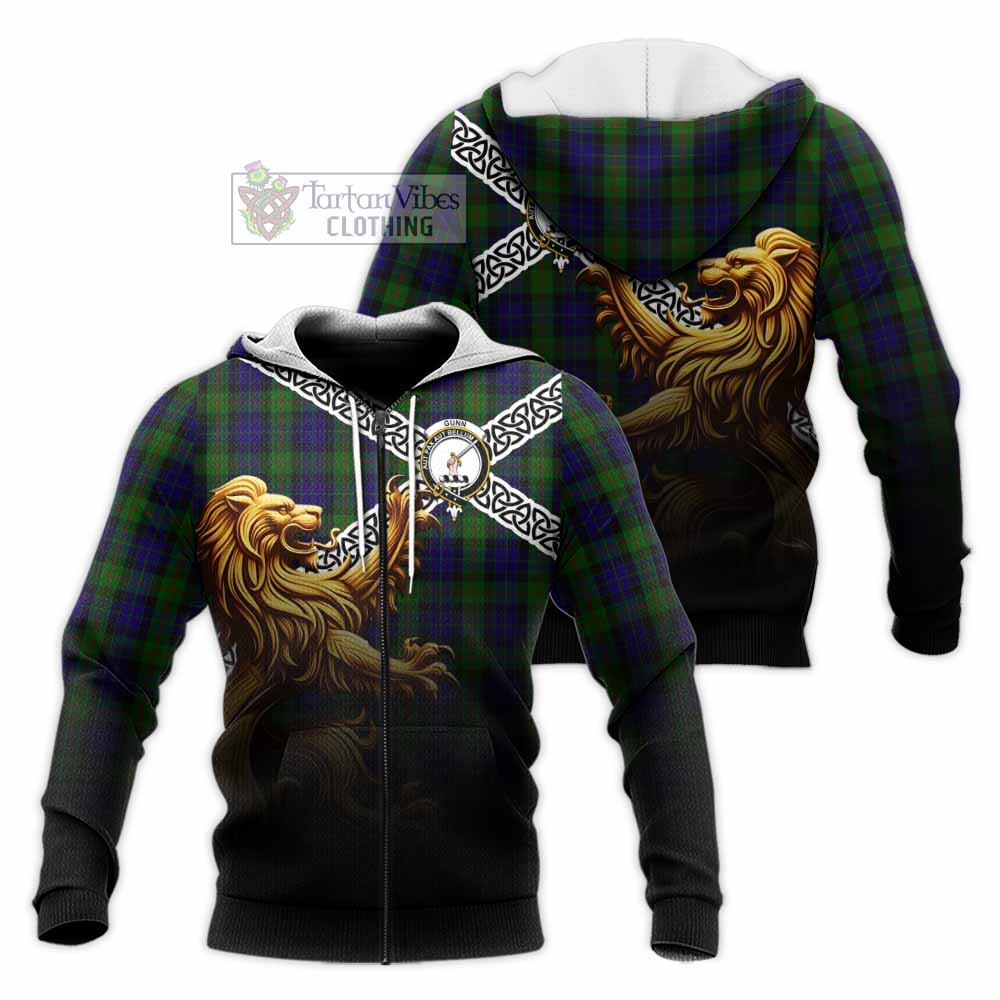 Tartan Vibes Clothing Gunn Crest Tartan Knitted Hoodie with Golden Lion Emblem Celtic Style