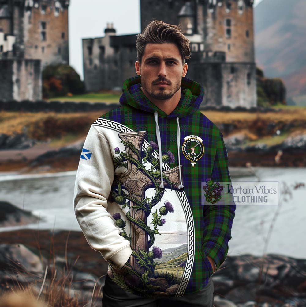 Tartan Vibes Clothing Gunn Tartan Cotton Hoodie with Family Crest and St. Andrew's Cross Accented by Thistle Vines
